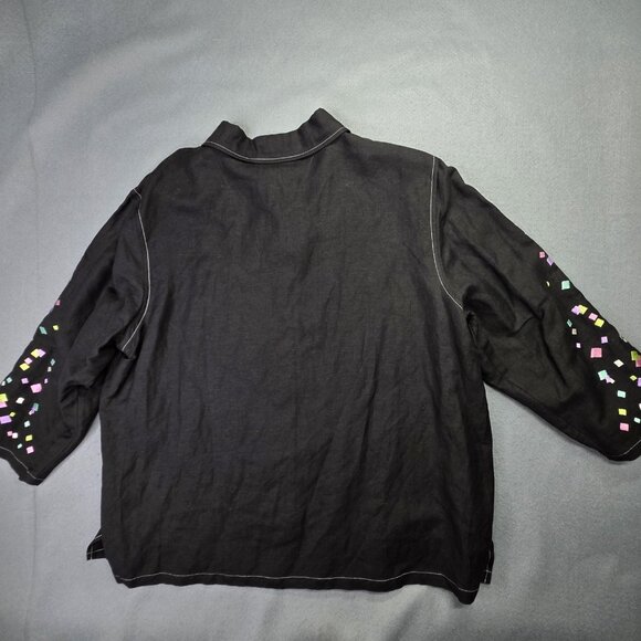 Bob Mackie Wearable Art Shirt Womens Large Black Linen Confetti Top Embroidered - Picture 11 of 12